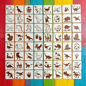 64pcs Dinosaur Hollow Painting Templates Mini Pattern Decoration Handmade Album Cover Plastic Template for Wood Fabric Wall Paper Reusable Washable