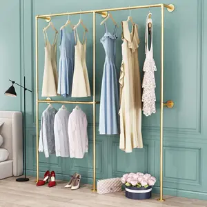 Industrial Pipe Gold Clothing Racks with Double Bar, Industrial Pipe Clothes Racks Wall Mounted, Heavy Duty Gold Closet Rods for Hanging Clothes Organizer Storage