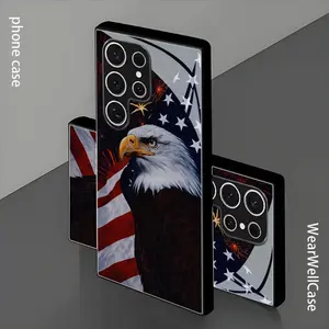 Bald Eagle with American Flag And Fireworks Celebration Scene Tempered Glass Phone Case, Compatible with Samsung Galaxy S26 S25 S24 S23 S22Pro S21 S20 Fe Plus Ultra Pro A56 A55 A54 A53 A52 A51 A36 A35 A34 A32 A26 A25 A24 A23 A16 A15 A14 A06 A05 A03s