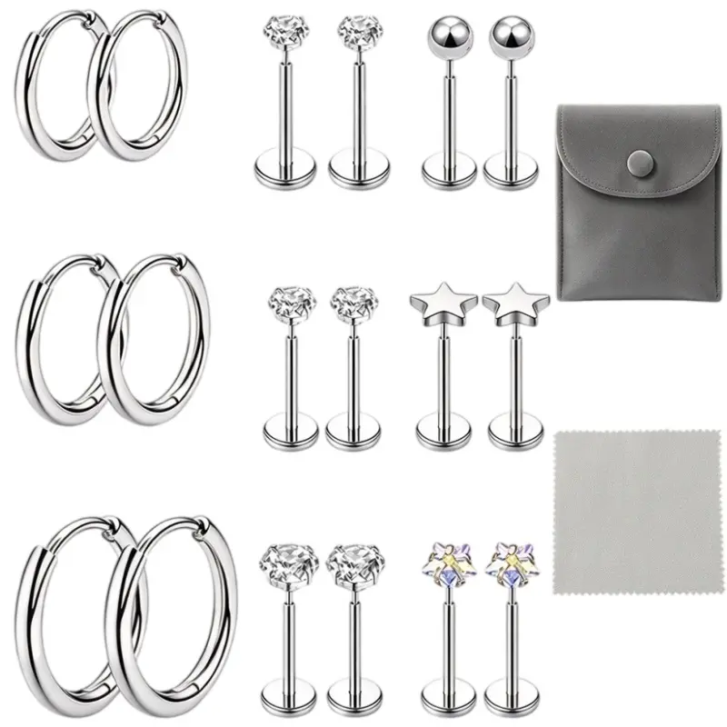 9 Pairs jagosen Threadless Flat Back Stud Earrings Piercing Jewelry Hypoallergenic Surgical Steel Cartilage Earrings for Women 16G 18G 20G Conch Labret Lip Medusa Nose Piercing Jewelry