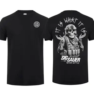 Sig Sauer Never Settle T-Shirt Military Style Unisex Short Sleeve 100% Cotton Tactical Gear Menswear Streetwear Black