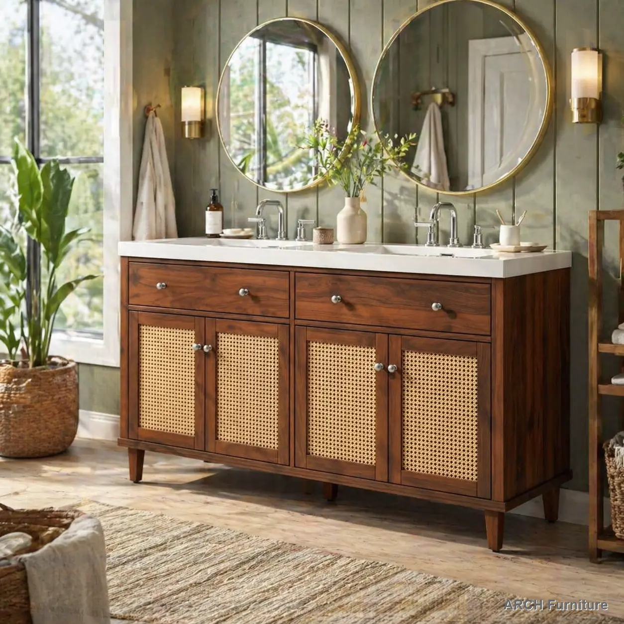 ARCH by Christopher Knight Home® 60-Inch Brown Bathroom Double Sink Vanity with SMC Sink, 2 Tip-Out Trays, 4 Soft-Closing Doors, Solid Wood Legs, Silver Metal Knobs, Large Storage, Compartmentalized Scratch-Proof Floor Cabinets, Assembly Required, Sturdy,
