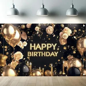 Black and gold Happy Birthday backdrop tapestry, elegant black rose balloon and gold backdrop tapestry, birthday party decorations and photo props for adults and men.