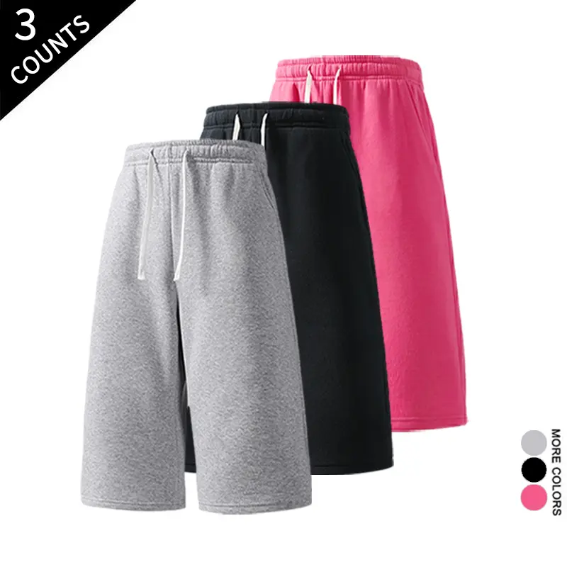 Men Baggy Long Knee‑Length Athletic Sweat Shorts 3‑Pack Elastic Drawstring Mid‑Rise Waist Side Pockets For Jogging Travel Daily Casual Wear