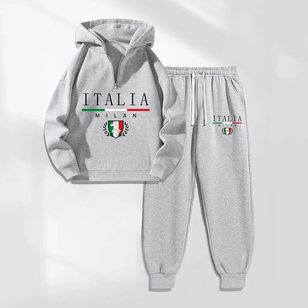 Men's ITALIA Letter Pattern Print Hoodie and Drawstring Sweatpants Set, Menswear, Casual Athletic Long Sleeve Hooded Jacket & Trousers for Fall & Winter, Men's Clothing for Daily Wear, Sportswear Indoor Outdoor, Tracksuit, Athleisure