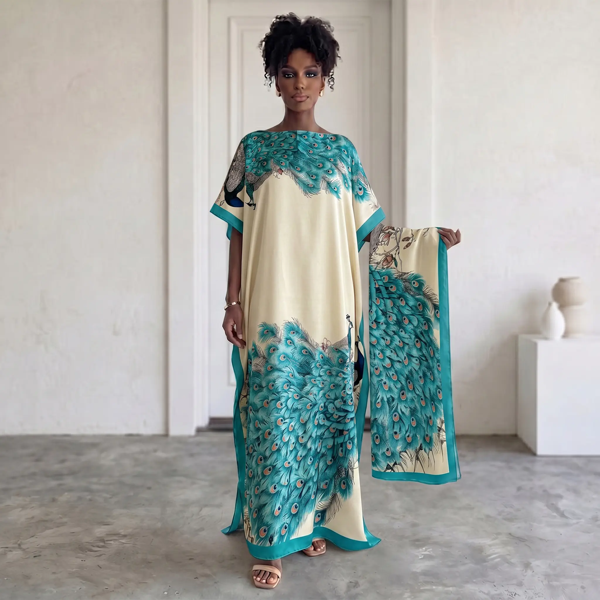 Moo Moo Kaftan Set with Matching Hijab, Elegant Short Sleeve Boat Neck Maxi Dress with Side Slits in Teal Peacock Feather Print Satin for Engagement & Anniversary, Moo Moo And Scarf Set