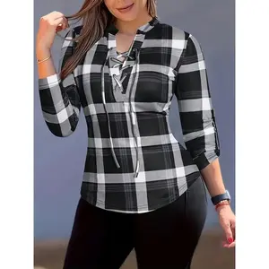 ElegantWomen'sPlaidT-ShirtwithCrisscrossDetail-LongSleeve,PolyesterBlend,MachineWashable,IdealforSpring/Summer/FallFashion