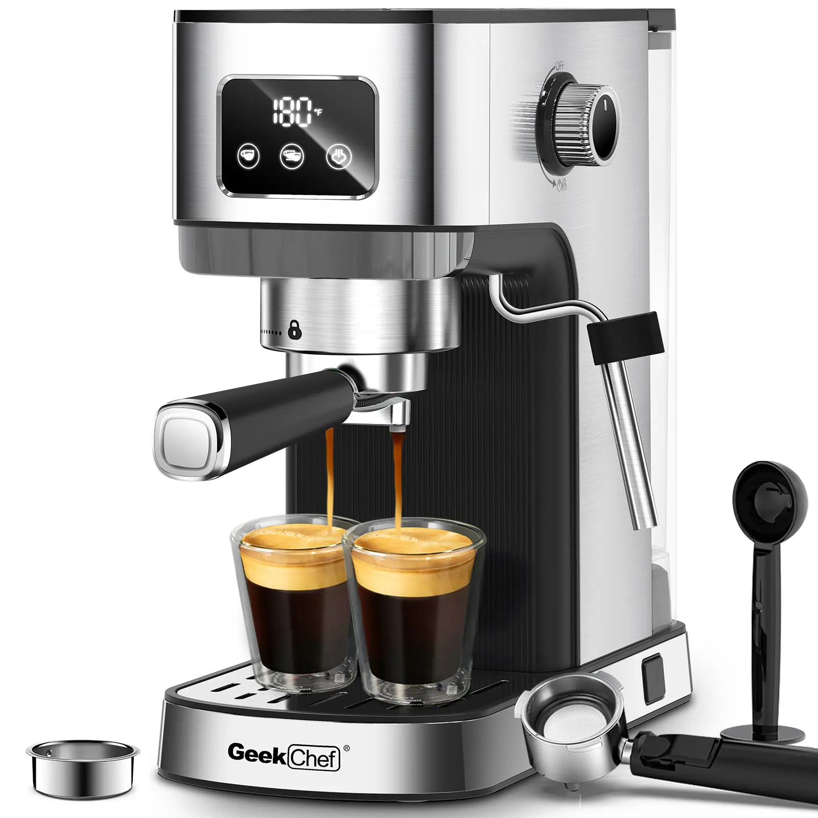 New Geek Chef Stainless Steel Espresso Machine - 20Bar Extraction, Effortless ESE Pod Brewing, Integrated Milk System, Accurate Integrated Temperature Monitoring, Programmable Temp Control, Steady Steam Performance, Smart Control, Compact Home Use
