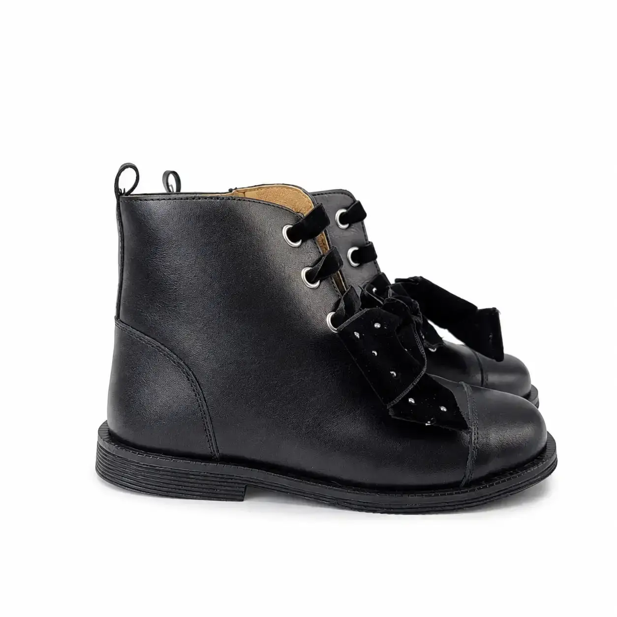 Andanines Black Leather Velvet Bow Combat Bootie