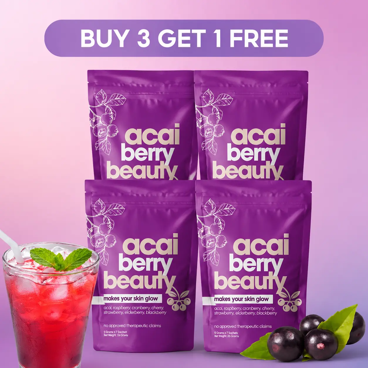 Buy 3 Get 1 Free | Weekit7 Acai Berry 7-in-1 Mixed Berries Drink – 28-Day Antioxidant & Glow Plan, Low Sugar, Organic