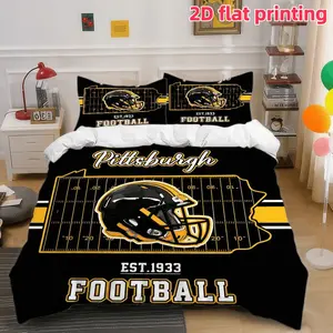 2D Flat 3Pcs Pittsburgh Football-themed Duvet Cover, Black & Gold Gridiron Football Helmet Design, Soft Microfiber Bedding (1 Cover+2 Pillowcases, Unfilled)-for Sports Fans Bedroom Dorm Room Decor.