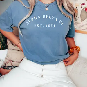 Alpha Delta Pi Est 1851 White Letters T-Shirt Sorority Tee for Women Greek Life Oversized Casual Cotton Top Everyday Wear ADPi Outfit