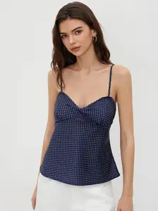 Sweetheart Neckline Polka Dot Lace Trim Knotted Cami Top
