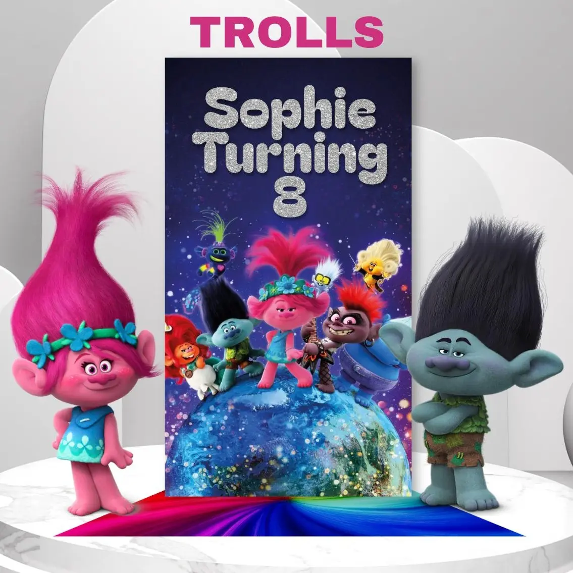 Trolls Themed Custom Festive & Party Supplies Bundle with Balloon Decor Set for Holiday Celebrations, Custom Bundle