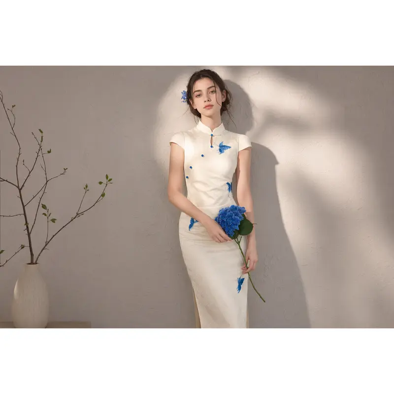 sachin and babi light blue dress Jacquard cotton white cheongsam with pink lotus flower embroidery and  v-neck mandarin collar