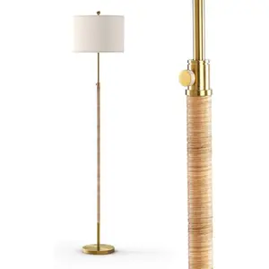 Boho Rattan Floor Lamp for Living Room, Adjustable Height:65"-70" Brass Gold Standing Lamp, Farmhouse Tall Skinny Pole Light with Oatmeal Shade for Bedroom Office