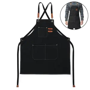 Kitchen Canvas Apron, Chef Apron for Men & Women, 3 Pockets, Cross Back Design, Resistant Work Apron for Cooking, Adjustable Fit, Kitchen Cooking Aprons