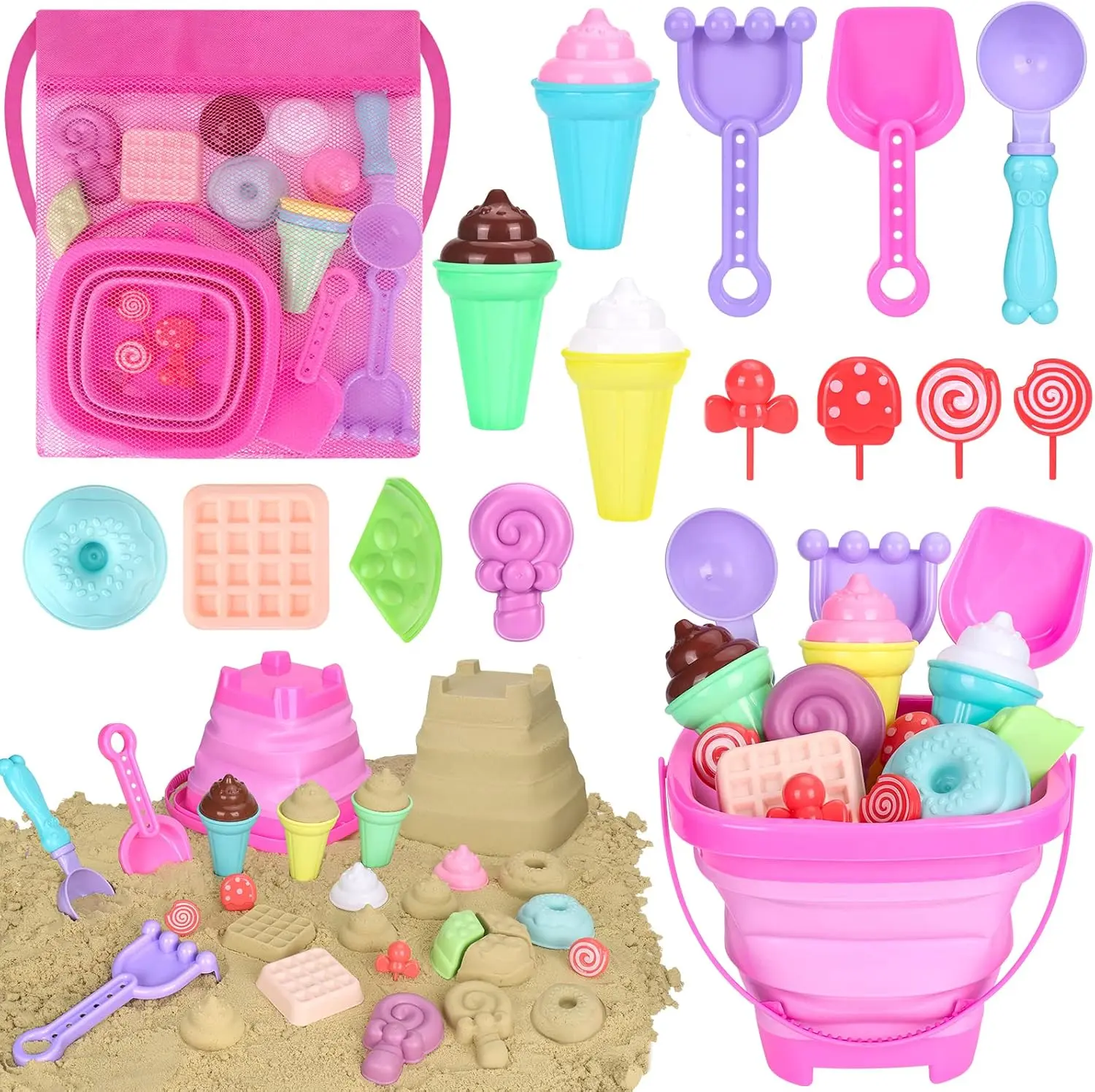 Summer Gift Collapsible Beach Toys Set for Kids Toddlers Girls, Collapsible Sand Bucket and Shovels Set with Mesh Bag & Sand Molds, Ice Cream Travel Sand Toys for Beach, Sandbox Toys for Toddlers Kids Age 3-10