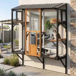 Outdoor Cat Catio with Window Connection & Climbing Platforms, Multi-Level Cat Enclosure for 1-3 Cats, Cat Patio House with Perches for Balcony & Yard