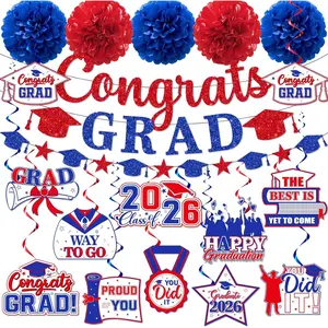 Red and Blue Graduation Decorations 2026,Graduation Decorations Class Of 2026 Red and Blue Graduation Banner Graduation Congrats Grad Hanging Swirls for College Grad Party