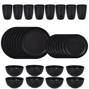 32-Piece Kitchen Plastic Wheat Straw Dinnerware Set - Service for 8 - Unbreakable Modern Dish Set with Dinner Plates, Dessert Plates, Cereal Bowls, and Cups - Perfect for Apartments, Outdoor Camping, Black