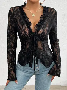 Women's Plain Frill Trim Tie Front Sheer Floral Lace Blouse Shirts, Elegant Feminine Aesthetic Deep V Neck Long Sleeve Top for Summer, Ladies Clothes for Daily Wear, Plunge Neck Top