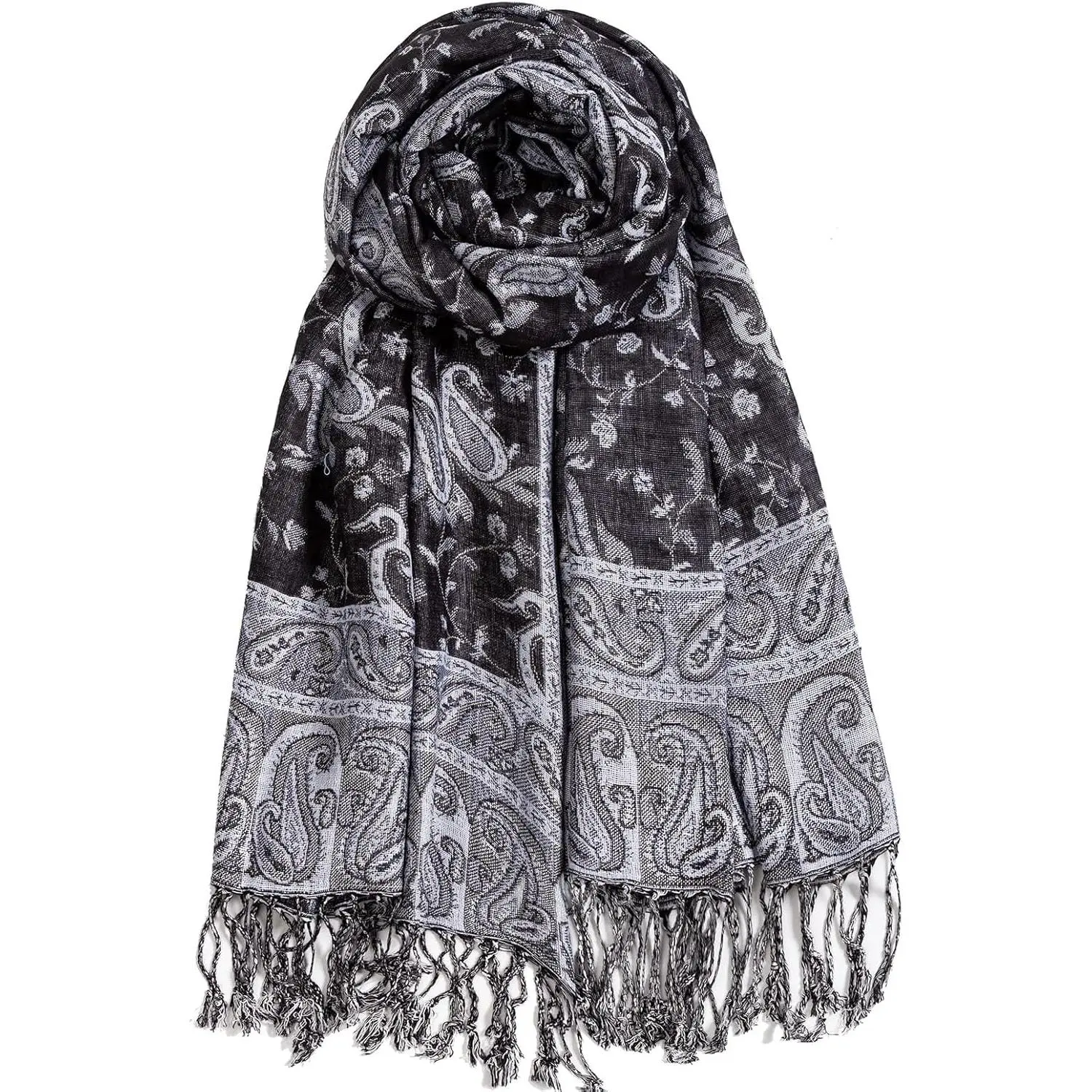 Reversible Pashmina Feel Shawl for Women, Large Double Sided Scarf with Soft Silky Touch & Tassels for Casual or Evening Outfits, Women's Fashion, Scarf Style, Soft Touch, Long Wide Size, Silk-Like Fabric, 72" + 8" Fringes, Casual Soft Shawl