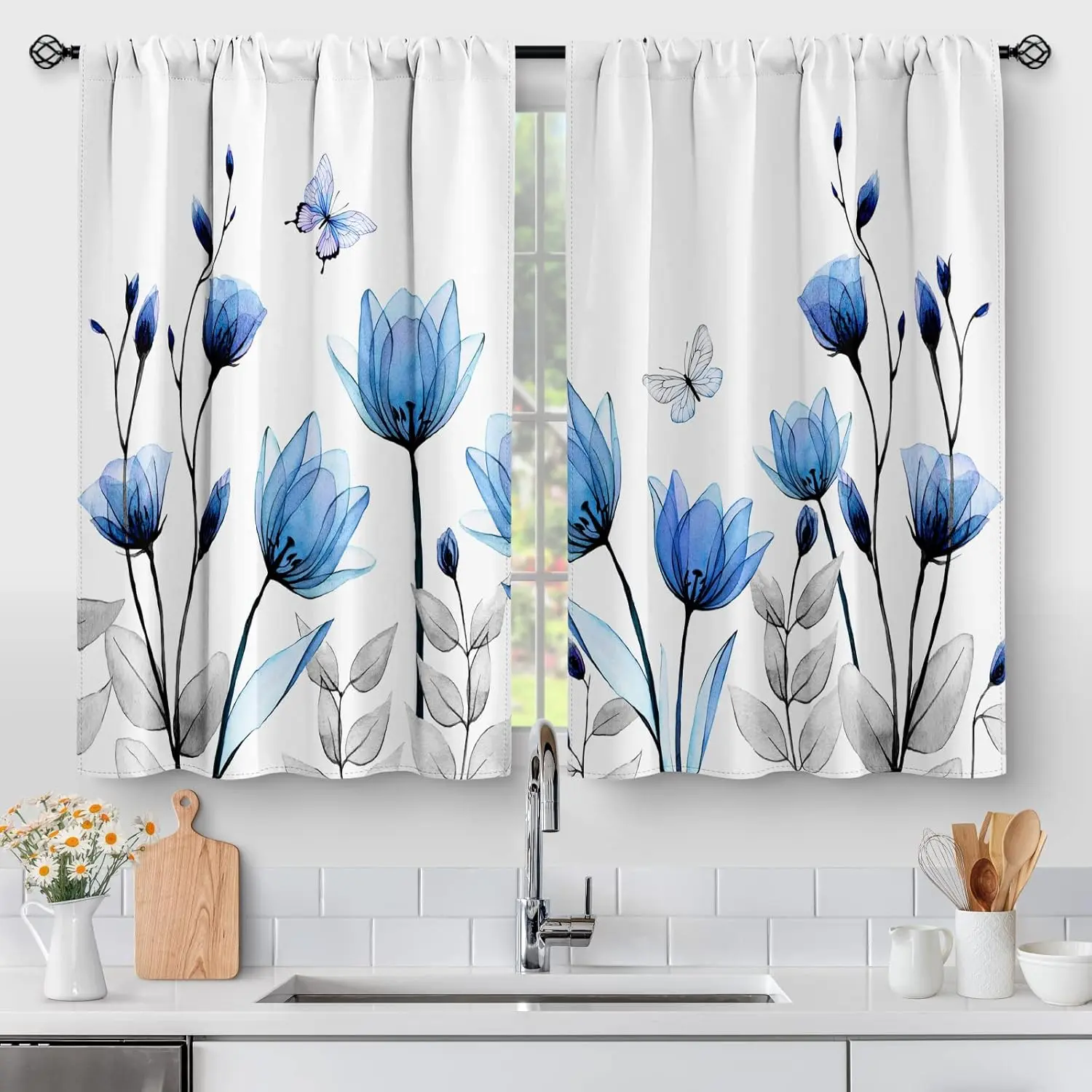 Women's Vintage Floral Light Filtering Art Print Kitchen Curtains - Rustic Blue Tulip, Botanical Butterfly Rod Pocket Drapes, 2-Panel Farmhouse Short Cafe Tier Set (27.5"x39", 39" Length), Light Filtering Curtains, Vintage Floral Curtains