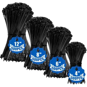 Zip Ties Black 2000 Pack Assorted Sizes 4+6+8+12 Inch, Heavy Duty Cable Ties, UV Resistant Self-Locking Nylon Wire Ties for Home, Garden, Garage and Outdoor Cable Management