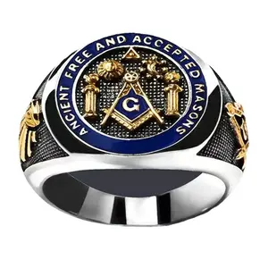 XINCY Religious Totem Masonic Blue Drop Oil Two-tone Ring for Men Unique Design with Alloy Materials Perfect for Special Occasions