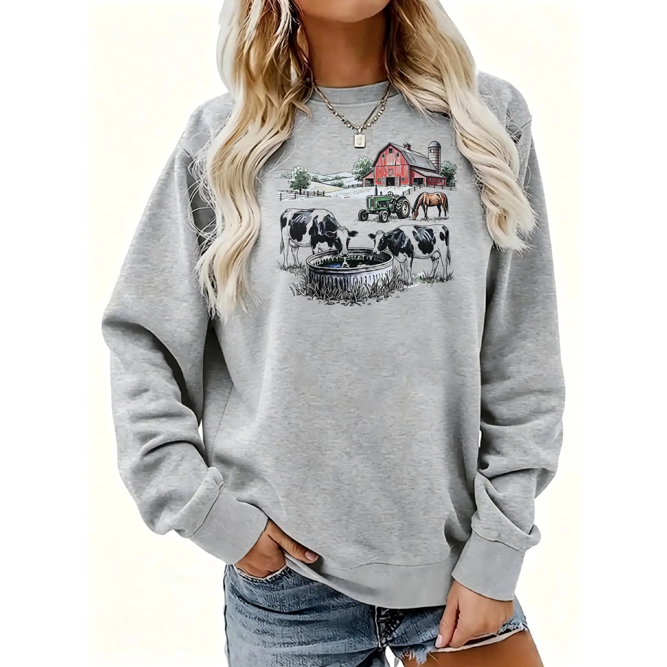 Women's Farm Scene With Cows Barn Crewneck Sweatshirt | Soft Stretchy Long Sleeve Pullover | Cozy Fall Layering Essential For Casual Daily, Office & Streetwear Looks