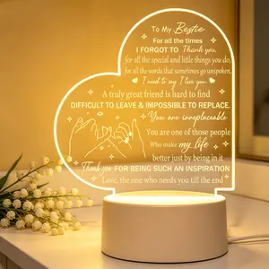 Heart Shaped Acrylic LED Night Light To My Bestie Friendship Keepsake Lamp, Engraved Warm Words Best Friend Birthday Christmas Gift for Women Best Friend, Soft Glow Desk Decor Lamp With Friendship Quote For BFF Soul Sister Presents