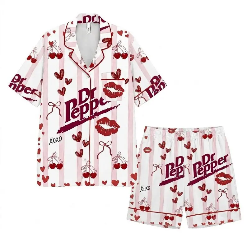 # Women's Cherry Soda Pajama Set, Pink Stripe Long Sleeve Sleepwear, Cute Soda Lover Loungewear for Valentine's Day