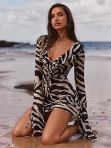 Elegant Zebra Print V Neck Dress, Slim-Fit Long Sleeve Party Wear, Sexy Spring & Fall Fashion, Moderate Fabric, Women's Clothing