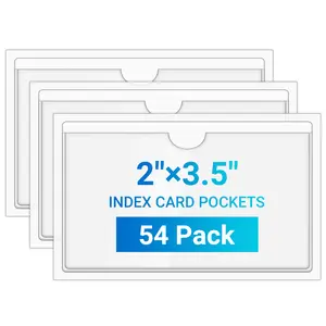 MaxGear 2x3.5 Index Card Pockets, 54 Pack Self Adhesive Library Card Pocket with Top Open Loading, Plastic Label Holders for Storage Bin, Clear Label Sleeve, Removable Tote Label Sticker Easy Peel Off