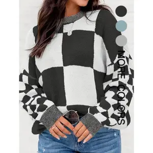 Women's Plaid Print Drop Shoulder Sweater, Casual Long Sleeve Round Neck Jumper for Fall & Winter, Fashion Ladies' Knitwear for Daily Wear��gift�� Womenswear Checkered