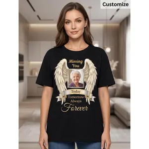 Custom Photo Print T-Shirt, Personalized in Loving Memory Memorial Shirt with Angel Wings Graphic, Short Sleeve Crewneck Tops, Casual Missing You Grief Gift, Unisex Remembrance Apparel, Sympathy Keeps