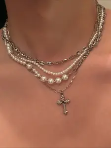 Vintage Sweet Cool Cross Pendant Necklace, Multi-Layer Faux Pearl Metal Chain, French Style Trendy Women's Party Versatile Jewelry