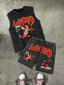 Two-Piece Set Men's Letter Graphic Tee & Angel Print Shorts, Regular Fit Casual Street Short Sleeve T-shirt & Shorts, Men's for All Seasons Clothes Menswear