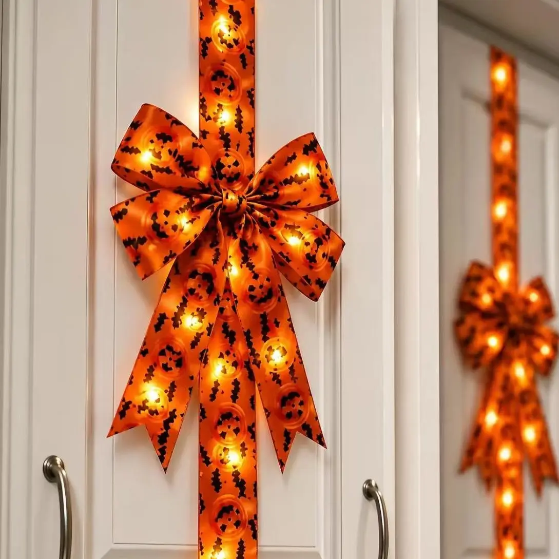 Light Up Halloween Cabinet Door Bow, 79in Large Orange Pumpkin Bat Ribbon Hanging Decoration, LED Halloween Bow for Kitchen Cabinet Door Indoor Home Decor