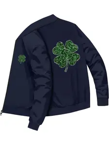 Trendy Fashion Unisex Four Leaf Clover Printed Baseball Jacket for Daily Casual Gatherings and Versatile Wearing