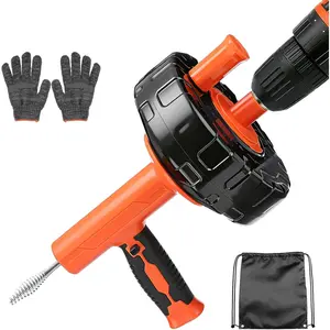 Auto-Feed Drain Snake Auger 25 ft with Drill Adapter, Plumbing Snake Drain Hair , Drain Auger Snake Hair Drain Clog Remover for Shower Kitchen Bathroom Sink, Come with Gloves