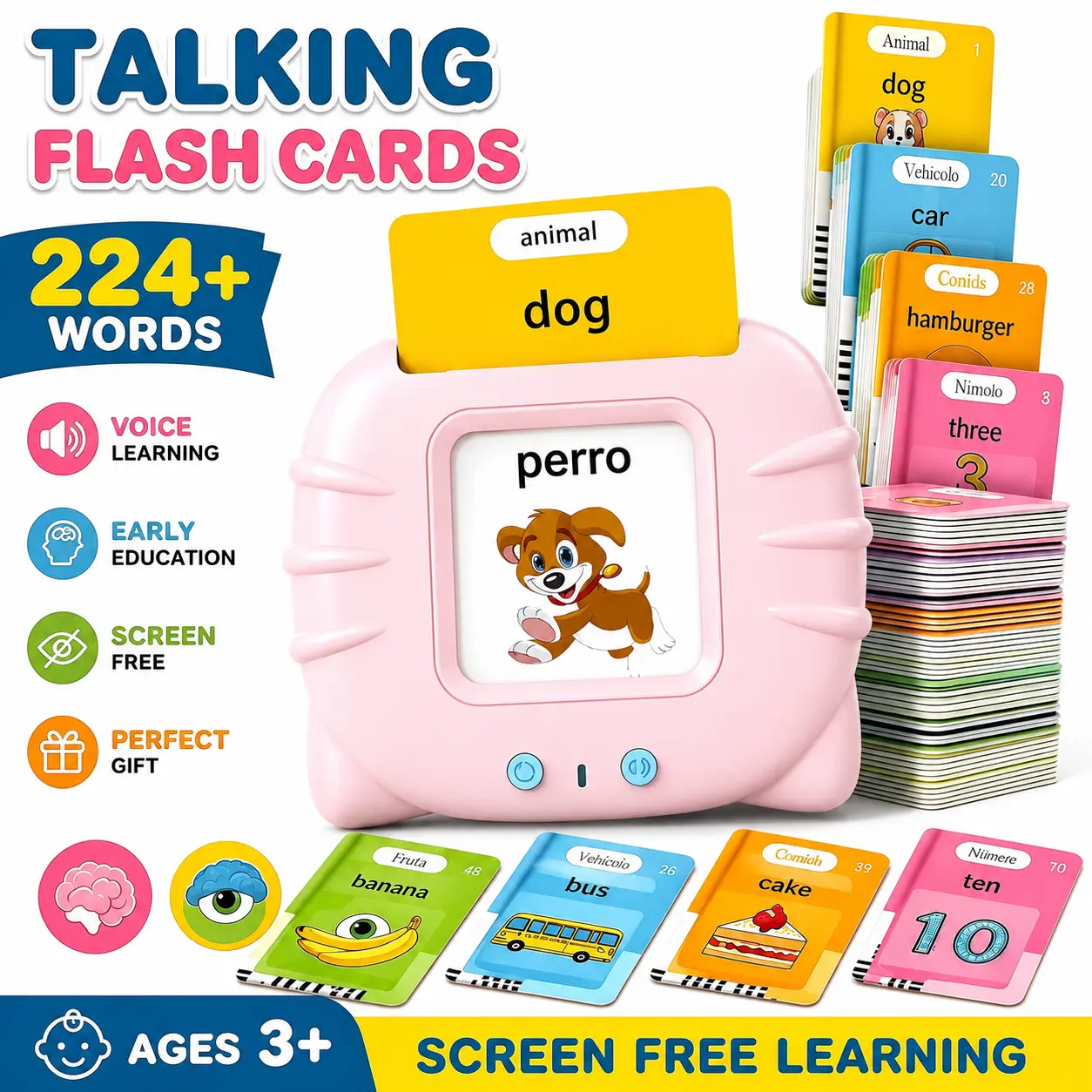 KIDGENIUS Bilingual Talking Flash Cards, English Spanish Learning Toy for Kids Ages 3-6, 224+ Words, Screen-Free Educational Toy, Early Learning Gift
