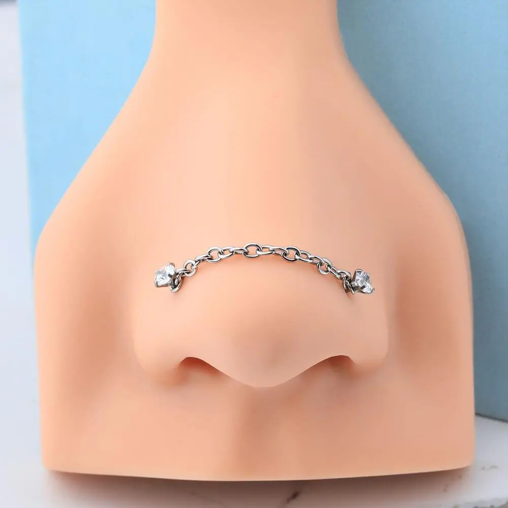 Oufer 20G Titanium L-Shaped AAA+ CZ Nose Stud Chain Piercing Ring Delicate Design with Shiny Diamonds Sparkling Zircon Inlay Unisex Jewelry