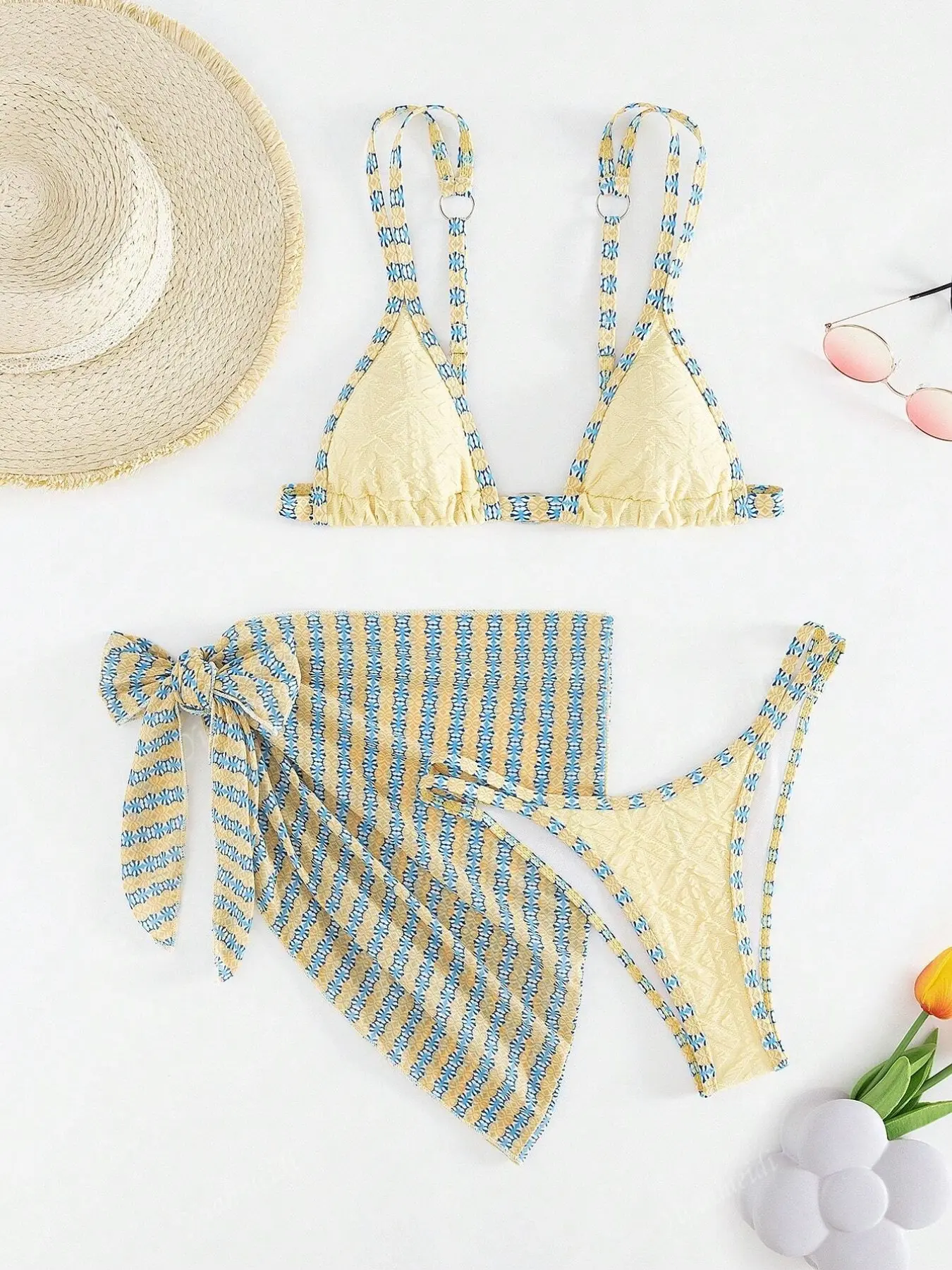 Geometric Stripe Bikini Set, Triangle Cup Separated Swimsuit + Chiffon Cover-Up, Retro Blue Striped Print, Beach Vacation Swimwear, Vintage Swimsuit, Summer Bikini Beach, Bikini Swimsuits