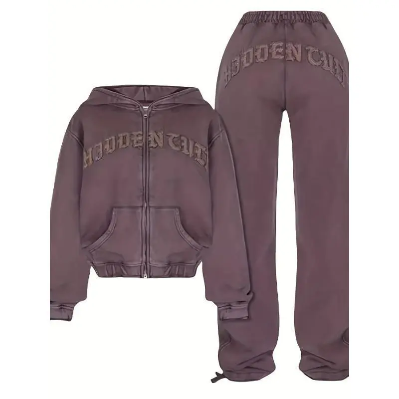 2025 fashion clothing Chic Women's Athletic Set: Full-Zip Hoodie & Slim-Fit Pants - Comfortable, Adjustable, and Stylish with Letter Print Design Tracksuit Outfit Sporty Style Clothes 2 piece set two piece outfits sweatsuit set outfit match