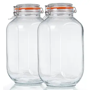 2 Pc Large Glass Pickle Jars for Fermenting, 1 Gallon Square Glass Storage Jars with Airtight Lids, Clear Glass Canister for Flour, Cookie, Candy, Kombucha, Sun tea(Extra Labels and Gasket)