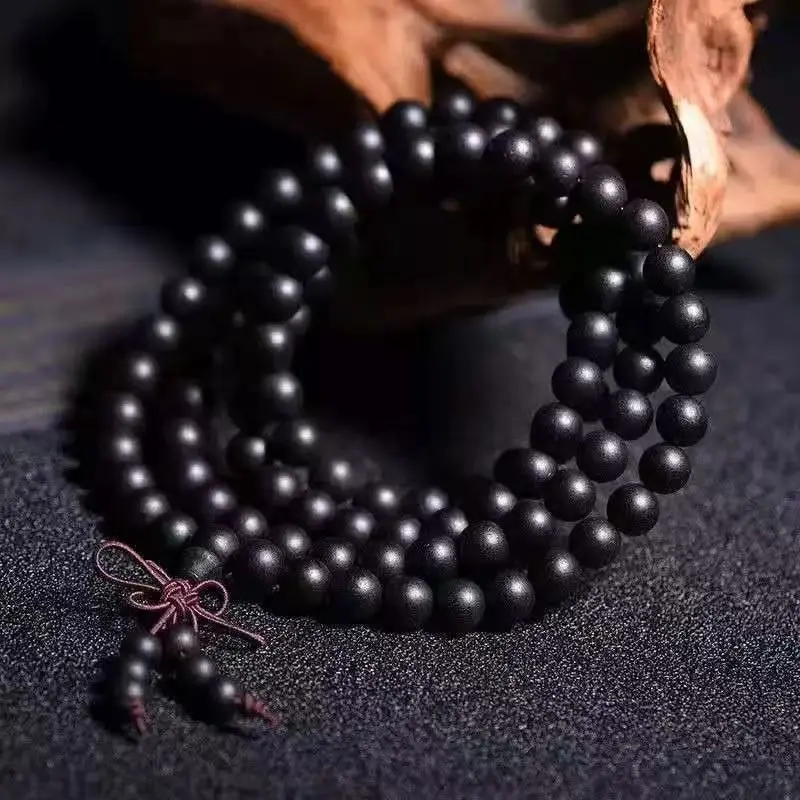 Unisex Natural Black Wood 108-Bead Hand-Knotted Adjustable Multi-Layer Bracelet, Retro Oriental Style Round Bead Mala Jewelry