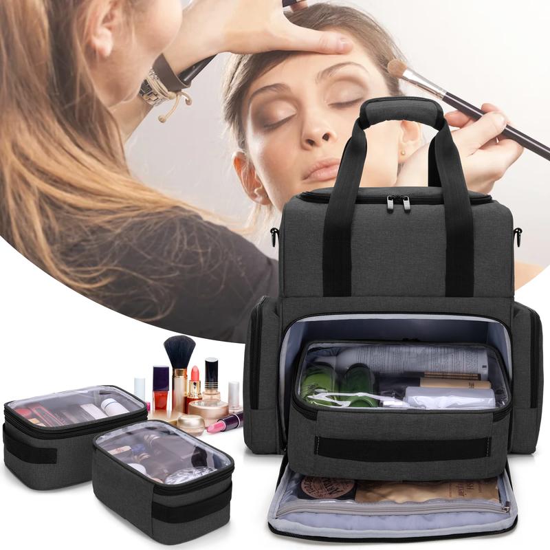 BAFASO 2 Layers Large Travel Makeup Bag with 3 Inner Removable Pouches, Detachable Dividers, Heavy-Duty Nylon, Perfect for Cosmetics & Travel