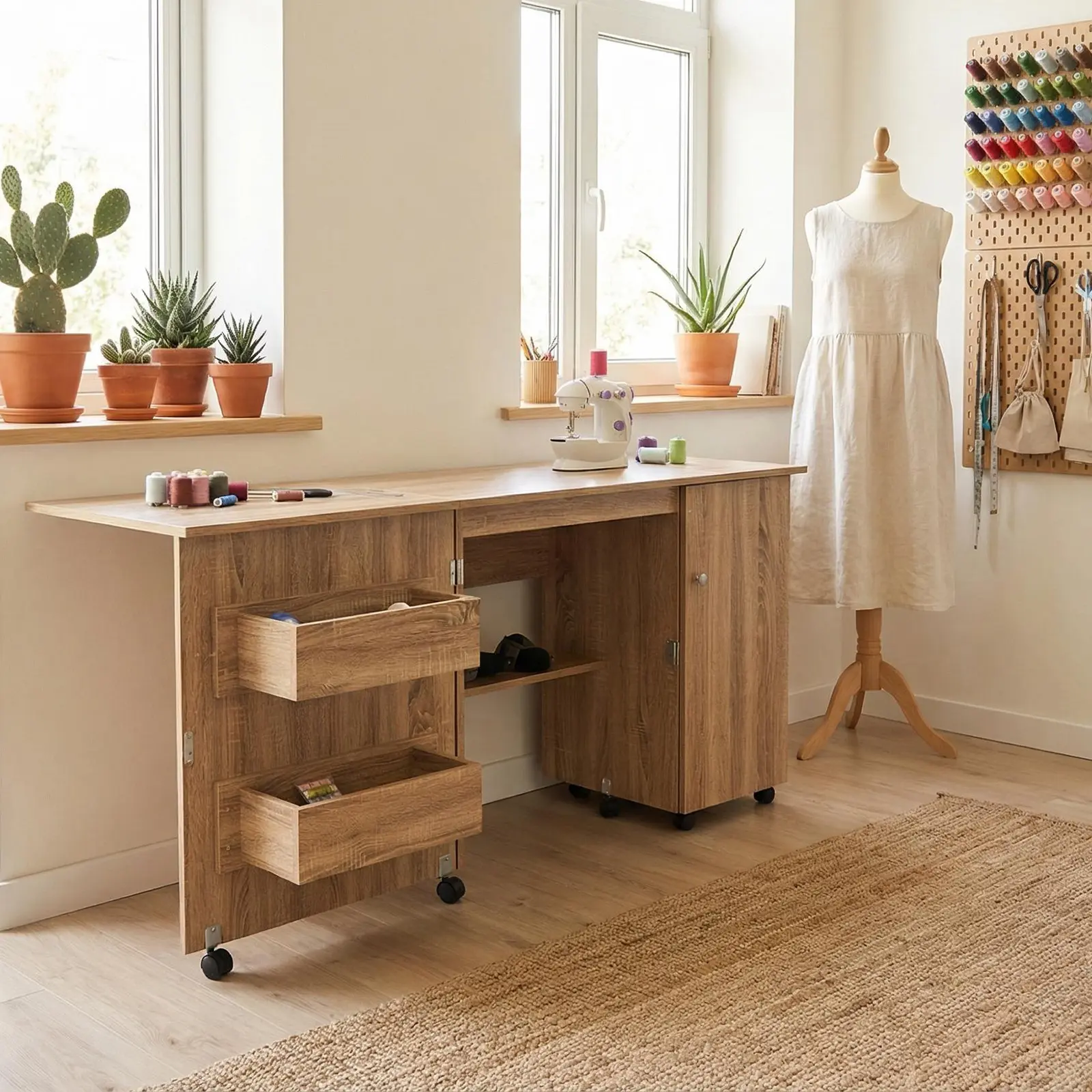 Yellow Compact Folding Sewing Table - Home Office Furniture, Work From Home Setup, Modern Multi-Compartment Adjustable Rolling Desks & Workstations, Engineered Wood with Durable Metal Frame, Storage Shelves, Trays, Lockable Wheels, Magnetic Locks, Pegs